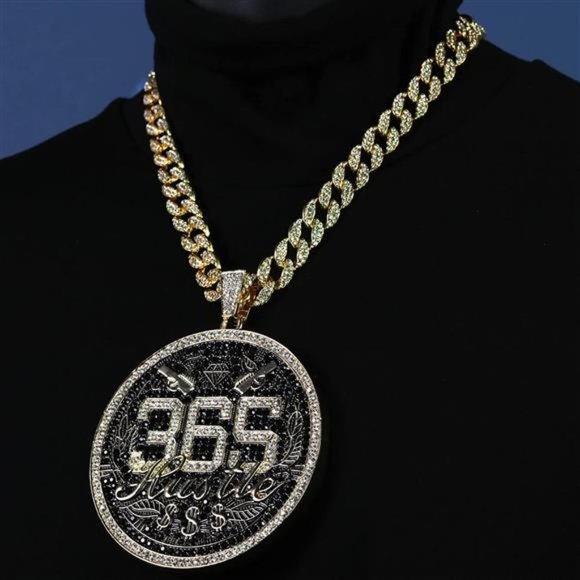 Large 365 Hustle Iced Pendant & 14K Gold Chain Set – Jumbo  14k Gold Fully Iced Out Hustle Chain Necklace